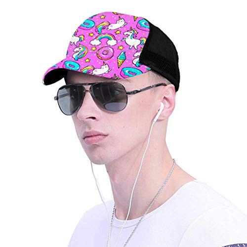 LINPM Gorra de béisbol Hombres Mujeres, Patrón sin Costuras Unicornios Donuts Rainbow Confetti Ajustable Trucker Mesh Summer Vented Baseball Sun Cap Sombrero Gorra para Mujeres