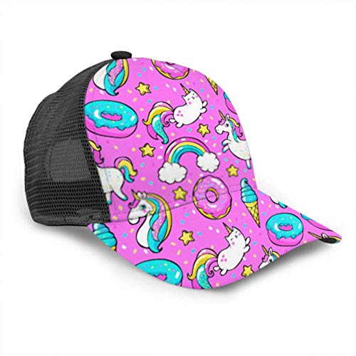 LINPM Gorra de béisbol Hombres Mujeres, Patrón sin Costuras Unicornios Donuts Rainbow Confetti Ajustable Trucker Mesh Summer Vented Baseball Sun Cap Sombrero Gorra para Mujeres