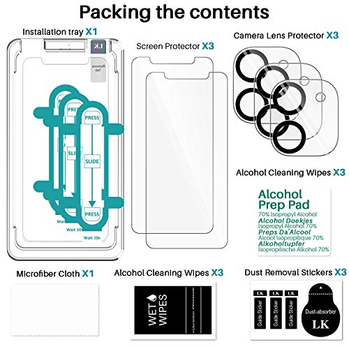 LK [3+3 Pack Protector de Pantalla para iPhone 11 Cristal Templado + iPhone 11 Protector de Lente de cámara,[Equipado con Soporte de Montaje más Seguro] Vidrio Templado Screen Protector