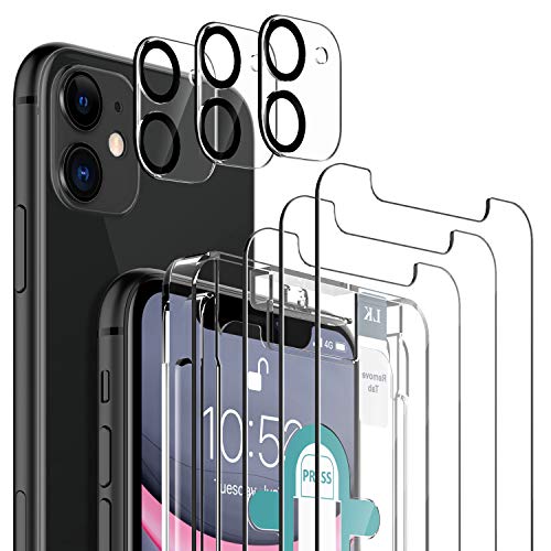 LK [3+3 Pack Protector de Pantalla para iPhone 11 Cristal Templado + iPhone 11 Protector de Lente de cámara,[Equipado con Soporte de Montaje más Seguro] Vidrio Templado Screen Protector