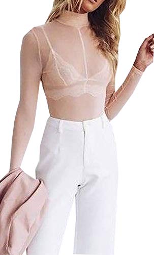 Loalirando Crop Top Sexy Mujer Manga Larga Top Corto Transparente Slim Chic Clubwear Casual Noche (Rosa Chicle,M