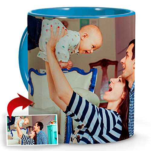 LolaPix Taza Personalizada Madre. Regalos Personalizados con Foto. Taza Personalizada de Cerámica. Taza con Color Interior y Asa Azul Claro