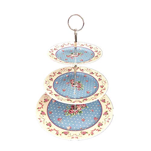 London Boutique Soporte de 2 Niveles para Tartas de Porcelana, diseño Vintage de Flores de Victoria, en Caja de Regalo, Color Azul