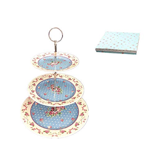 London Boutique Soporte de 2 Niveles para Tartas de Porcelana, diseño Vintage de Flores de Victoria, en Caja de Regalo, Color Azul