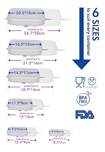 longzon. 6 Piezas Tapas de Silicona Reutilizables Ecológicas Sin BPA, Tapas Cuadradas de Silicona, para Lavavajillas, Microondas, Horno o Refrigerador. - Transparentes