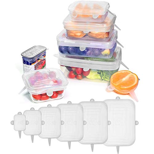 longzon. 6 Piezas Tapas de Silicona Reutilizables Ecológicas Sin BPA, Tapas Cuadradas de Silicona, para Lavavajillas, Microondas, Horno o Refrigerador. - Transparentes