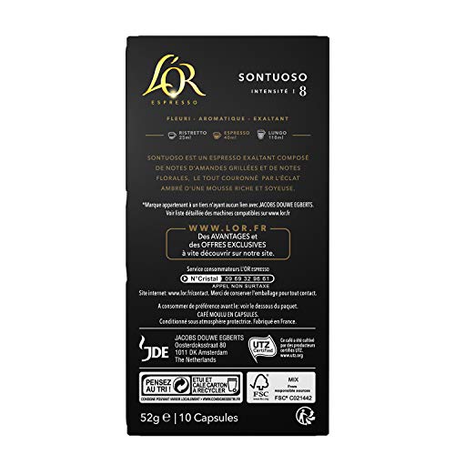 L'Or Espresso Café Sontuoso Intensidad 8 - 200 cápsulas de aluminio compatibles con máquinas Nespresso (20 Paquetes de 10 cápsulas)