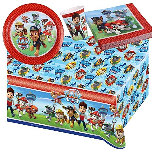 Lote de Cubiertos Infantiles Desechables"Patrulla Canina" (16 Vasos, 16 Platos,20 Servilletas y 1 Mantel (120 x 180) Juguetes y Regalos para Cumpleaños, Bodas, Bautizos, Comuniones y Eventos. L10