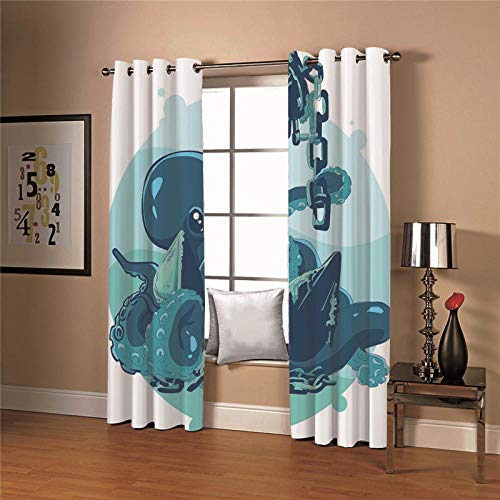 LOVEXOO Cortinas Opacas de Salón Decoración para Habitación Dormitorio - Moderno con Termicas Aislantes Frio Calor Reduccion Ruido Ojales 2 Piezas Calamares en Cadena 117x138cm(An x Al)