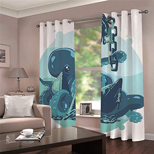 LOVEXOO Cortinas Opacas de Salón Decoración para Habitación Dormitorio - Moderno con Termicas Aislantes Frio Calor Reduccion Ruido Ojales 2 Piezas Calamares en Cadena 117x138cm(An x Al)