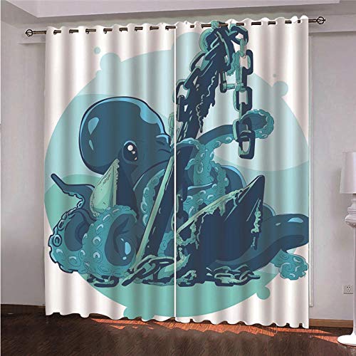 LOVEXOO Cortinas Opacas de Salón Decoración para Habitación Dormitorio - Moderno con Termicas Aislantes Frio Calor Reduccion Ruido Ojales 2 Piezas Calamares en Cadena 117x138cm(An x Al)