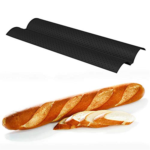 LQKYWNA Baguettes Molde para Hornear, Cocina Casera Pan Francés 2/3/4 Groove Waves Herramientas para Hornear Bandeja Crujiente De Acero Al Carbono Antiadherente (Black-2 Grooves)