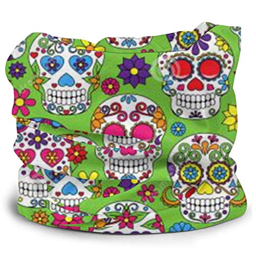 Lsjuee - Pañuelo para el cuello con calavera de azúcar verde y colorido, diadema para el sol, multifun