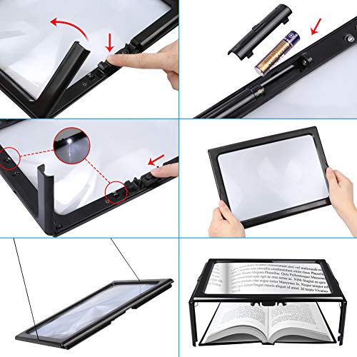 Lupas de Aumento con Luz, DIAOCARE Lupa de Lectura para Personas Mayores Ancianos, A4 Rectangular Página con 4 LED Soporte Plegable Manos Libres, Lupa con luz para Libros, Mapas, Ancianos, Joyas