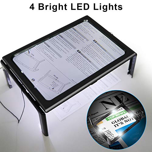 Lupas de Aumento con Luz, DIAOCARE Lupa de Lectura para Personas Mayores Ancianos, A4 Rectangular Página con 4 LED Soporte Plegable Manos Libres, Lupa con luz para Libros, Mapas, Ancianos, Joyas