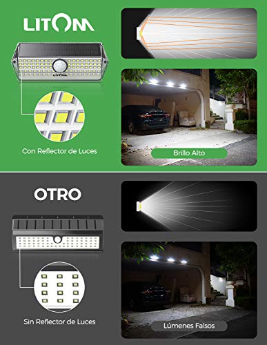 Luz Solar Exterior【Súper Brillante 4 Modos】con Sensor de Movimiento, LITOM Focos LED Exterior, IP67 Impermeable 100LEDs Luces Solares Luz Solar Jardín