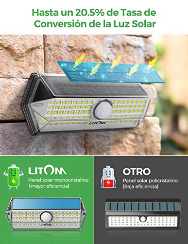 Luz Solar Exterior【Súper Brillante 4 Modos】con Sensor de Movimiento, LITOM Focos LED Exterior, IP67 Impermeable 100LEDs Luces Solares Luz Solar Jardín