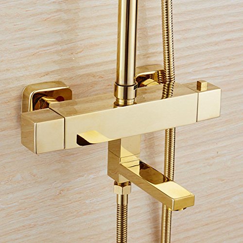 Lvsede Grifo De Baño Barato Grifo De Baño Rústico Ducha De Lluvia Dorada Conjunto De Ducha Termostática Elevable De Latón Frío Y Frío H0225