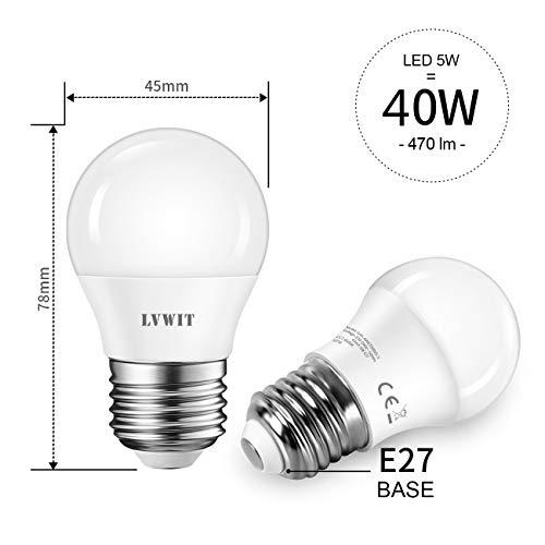 LVWIT Bombillas LED G45 E27 (Casquillo Gordo) - 5W equivalente a 40W, 470 lúmenes, Color blanco frío 6500K, No regulable - Pack de 6 Unidades.