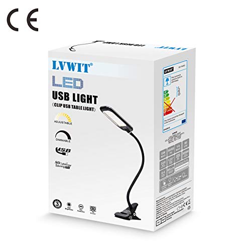 LVWIT Lámpara Flexo LED de pinza - 5W máx (regulables), Color regulable desde 3000K hasta 6000K. Flexo clip con Cuello flexible - Versión Negra.