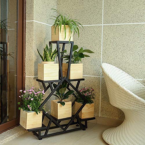 LYQZ Americano Hierro labrado Madera Soporte de Flor Piso Simple Multi-Planta Sala de Estar Soporte de Flor Balcón Carne Verde Estantes de la Planta (Color : Iron Flower Stand with 6 Wooden Boxes)