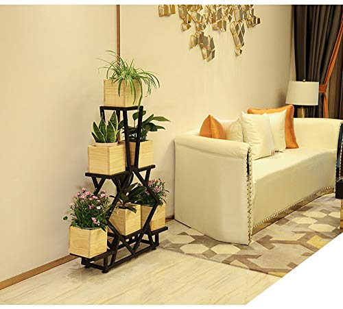 LYQZ Americano Hierro labrado Madera Soporte de Flor Piso Simple Multi-Planta Sala de Estar Soporte de Flor Balcón Carne Verde Estantes de la Planta (Color : Iron Flower Stand with 6 Wooden Boxes)