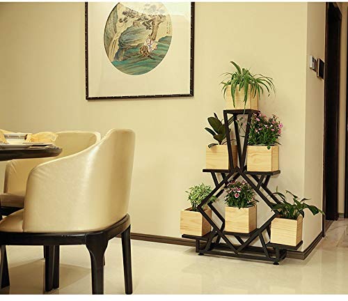 LYQZ Americano Hierro labrado Madera Soporte de Flor Piso Simple Multi-Planta Sala de Estar Soporte de Flor Balcón Carne Verde Estantes de la Planta (Color : Iron Flower Stand with 6 Wooden Boxes)