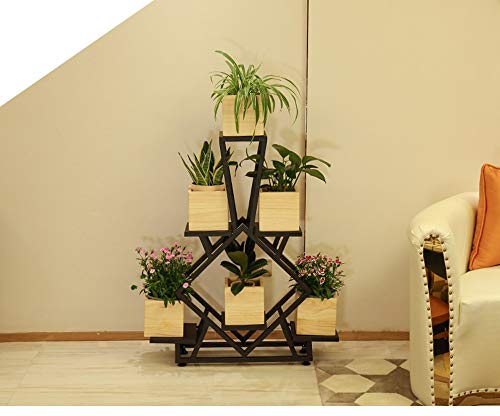 LYQZ Americano Hierro labrado Madera Soporte de Flor Piso Simple Multi-Planta Sala de Estar Soporte de Flor Balcón Carne Verde Estantes de la Planta (Color : Iron Flower Stand with 6 Wooden Boxes)