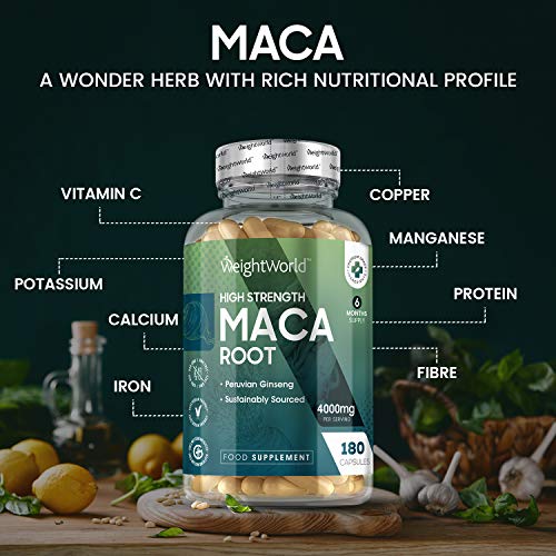 Maca Andina Cápsulas Pura Concentrada Vegana 4000 mg 180 Cápsulas - Estimulante Energético Hombre y Mujer, Aumenta Testosterona, Rendimiento, Concentración y Energía, Potenciador Masa Muscular