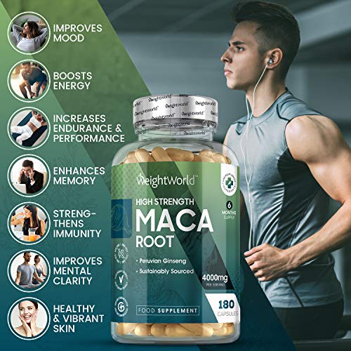 Maca Andina Cápsulas Pura Concentrada Vegana 4000 mg 180 Cápsulas - Estimulante Energético Hombre y Mujer, Aumenta Testosterona, Rendimiento, Concentración y Energía, Potenciador Masa Muscular