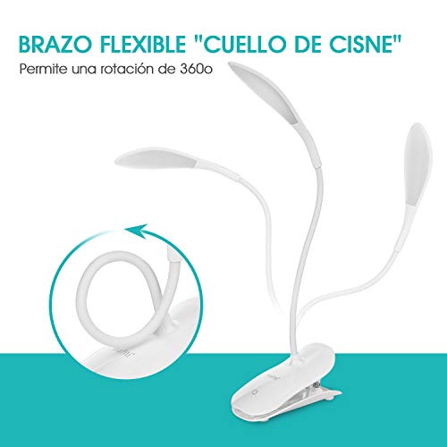 Mafiti Lámpara LED con Cable de Carga, Clip de sujección y Brazo de Cuello de Ganso. Lámparita de Mesa. 3 Niveles de Brillo, Control táctil y Alcance Flexible.