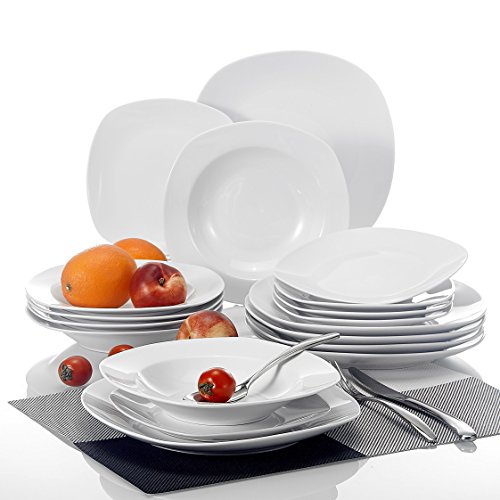 MALACASA serie Elisa, 18 Piezas. Juego Platos de Porcelana Set Vajilla Vajilla con por Plato Llano Plato, Platos de Postre Platos de Postre, 6 Platos Hondos de Plato para 6 Personas, Gris, Blanco