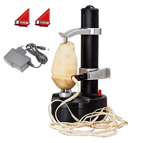 Malayas Electric Potato Peeler [2 Extra Blades] - Automatic Rotating Fruits & Vegetables Cutter Apple Paring Machine - Kitchen Peeling Tool (Negro)