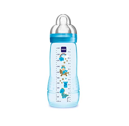 MAM Easy Active Baby Bottle, Biberón Grande de Aprendizaje Ergonómico Fácil de Agarrar, Tetina nº 3 de Silicona y Tapa Antigoteo, 4+ meses, Azul, 330 ml