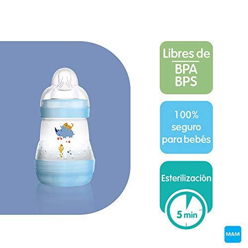 MAM First Steps Set, regalos para bebé (+0), canastilla con 2 biberones anticólicos Easy Start (160/260 ml) y 4 chupetes Original de silicona (2 x 0-2/2 x +6 meses), NIÑO (Azul)