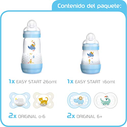 MAM First Steps Set, regalos para bebé (+0), canastilla con 2 biberones anticólicos Easy Start (160/260 ml) y 4 chupetes Original de silicona (2 x 0-2/2 x +6 meses), NIÑO (Azul)