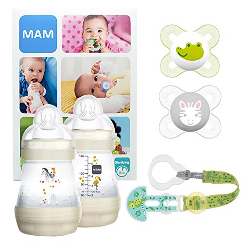 MAM Welcome Baby Starter Set, regalos para bebé, canastilla con 2 biberones anticólicos Easy Start (160 ml), 2 chupetes Start de silicona (0-2 meses) y chupetero, UNISEX