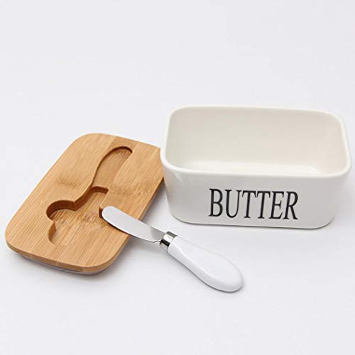 Mantequera de porcelana con cuchillo, mantequilla con tapa de bambú de madera, mantequilla francesa de cerámica para cocina y queso 16.5*10*7.5cm butter blanco