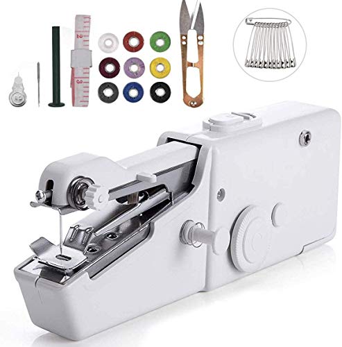 Máquina de coser de mano, 25 piezas mini máquina de coser portátil, mini máquina de coser portátil inalámbrica para tela, ropa, cortinas, uso de viaje en casa, bricolaje (white)