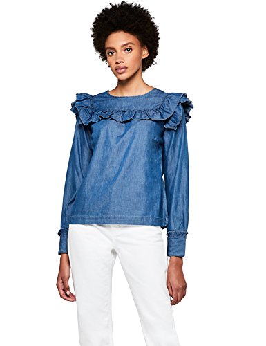 Marca Amazon - find. Blusa Vaquera con Volantes Mujer, Blau (Blue), 40, Label: M