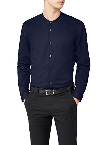 Marca Amazon - find. Grandad Cotton - Camisa Hombre, Azul (Navy), M, Label: M