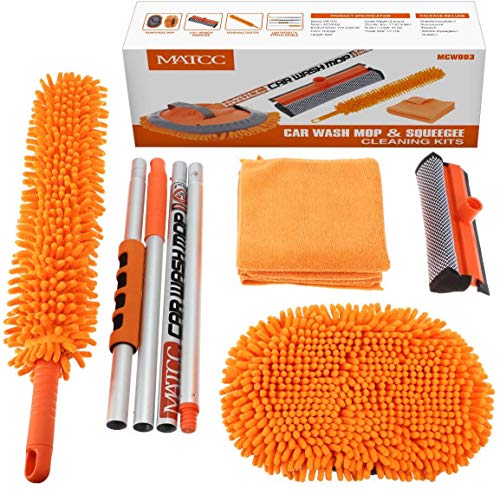 MATCC Kit de Lavado de Coche 4PCS Herramientas Lavado Coche Mango Largo Rotación de 180°Rasqueta de Ventana Toallas de Microfibra Duster para Camiones de RV y Limpieza del Hogar 157cm