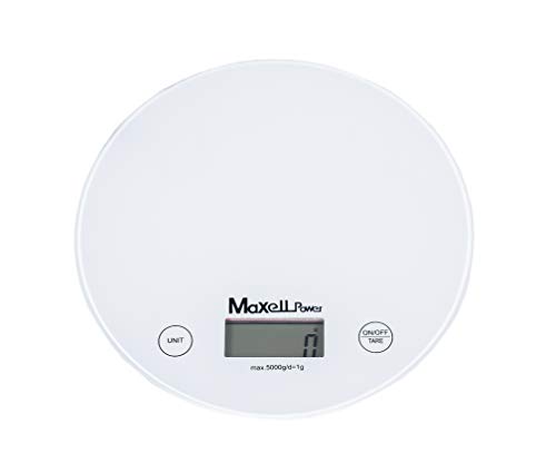 Maxell Power CE BASCULA DE Cocina Digital 1G-5KG Base Cristal LCD LED GRAMO Calidad MP-BC1414 (Blanco)