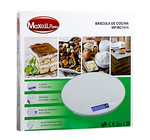 Maxell Power CE BASCULA DE Cocina Digital 1G-5KG Base Cristal LCD LED GRAMO Calidad MP-BC1414 (Blanco)