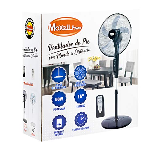 Maxell Power CE Ventilador DE PIE con Mando A Distancia 16 Pulgadas 50W 5 ASPAS PLASTICO MP-V16M (Negro)