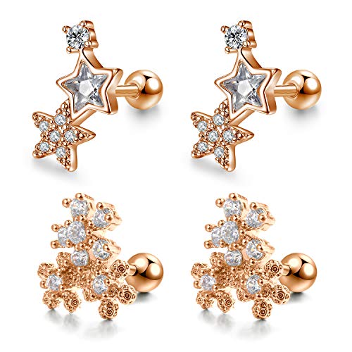 Mayhoop 16G Piercing Tragus Helix Cartilago Oreja Acero Quirurgico Oro Rosa con Estrella Copo de Nieve Piercing Joyería 4Piezas