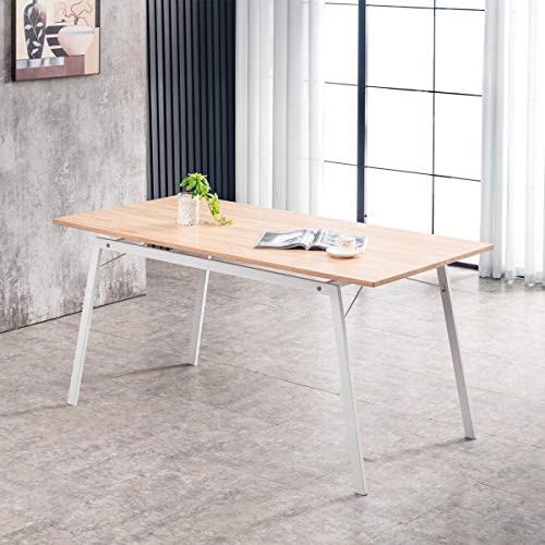 Mc Haus GASHIRA - Mesa Rectangular Comedor de madera Natural con estructura de Metal Blanca mate, Mesa Cocina Salón Diseño Moderno 160x80x75cm