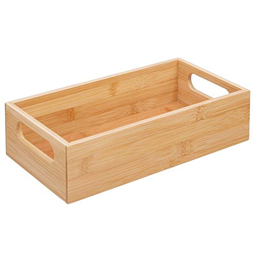 mDesign Caja de bambú con asas – Práctica cesta guardatodo abierta para útiles de oficina – Cajón organizador de escritorio de madera para bolígrafos y otros elementos – color natural