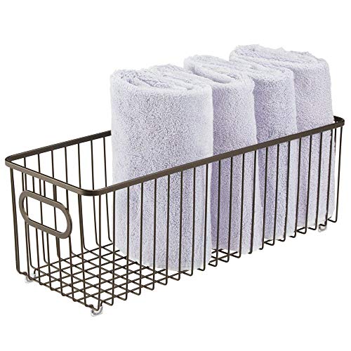 mDesign Cesto de alambre de metal con asas integradas – Cesta de metal profunda con atractivo diseño de rejilla – Organizador de cosméticos para el baño – color bronce