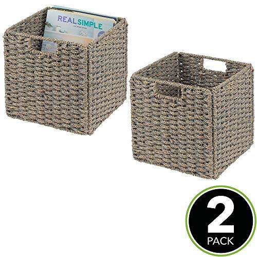 mDesign Juego de 2 cajas de almacenaje – Cajas organizadoras plegables hechas de junco marino – Cestas de almacenaje con patrón trenzado – Ideales para estanterías cuadradas – gris